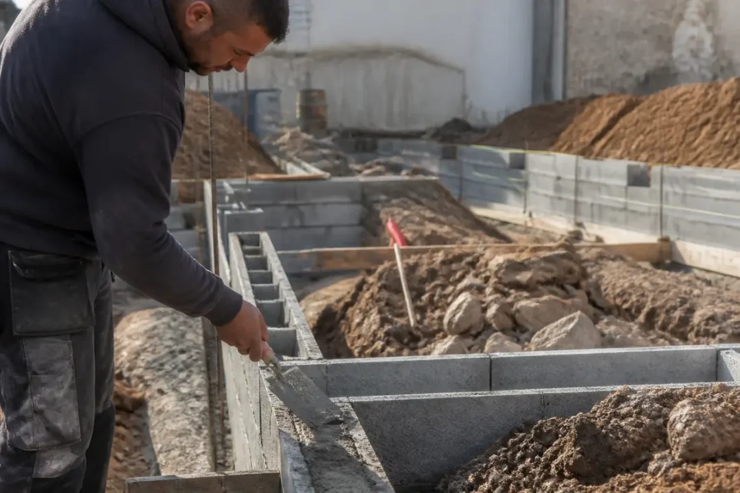 Ouvrier construisant des fondations en béton sur un chantier de Batievol.fr Maçonnerie