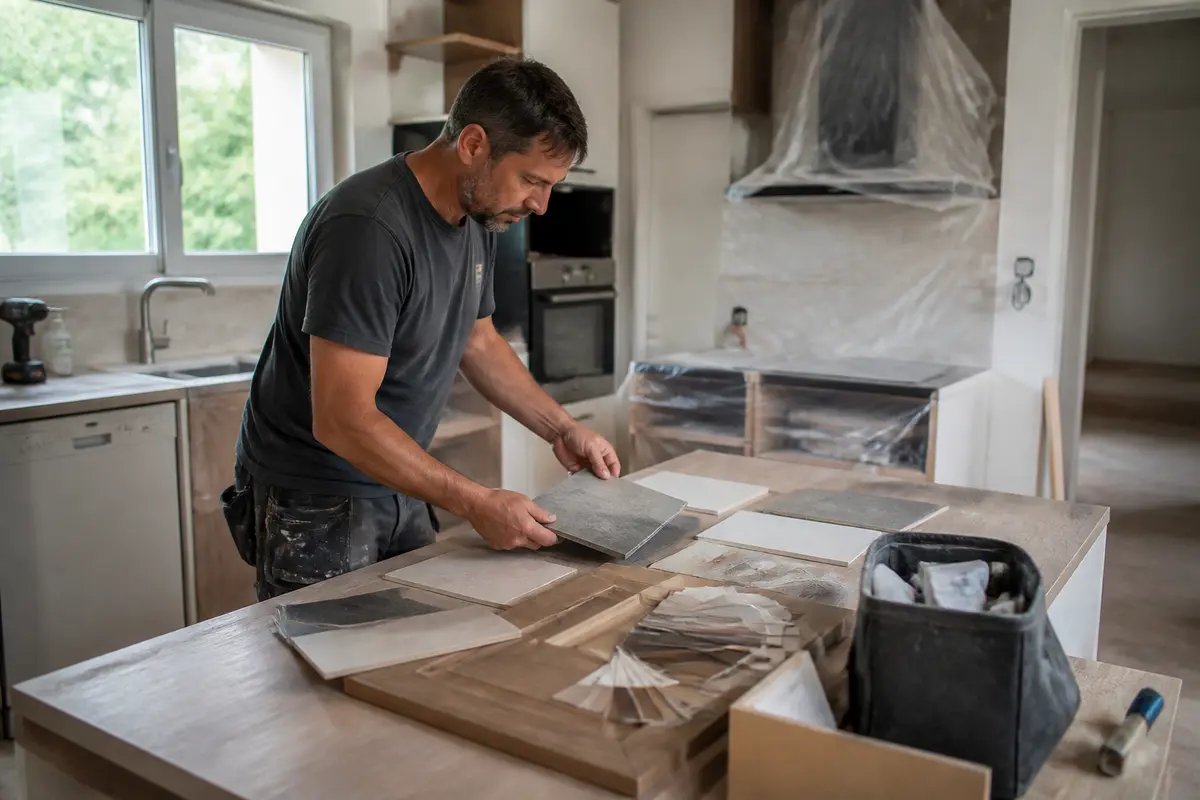 Artisan préparant la pose de carrelage dans une cuisine pour un budget travaux renovimmopro