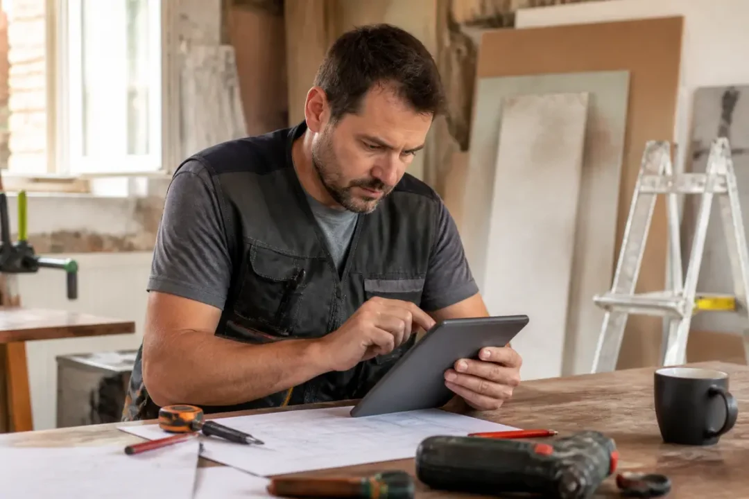 Un homme utilisant une tablette pour calculer le coût sur renovimmopro.fr dans un atelier