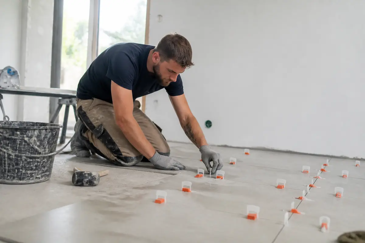 Un artisan pose des carreaux sur un sol grâce à chantier-facile.fr pour le carrelage