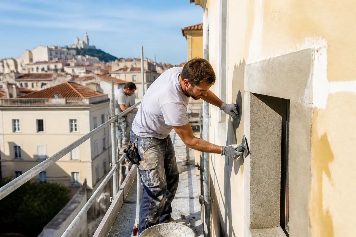 Ouvrier rénovant une façade sur échafaudage à Marseille pour chantier facile et rapide
