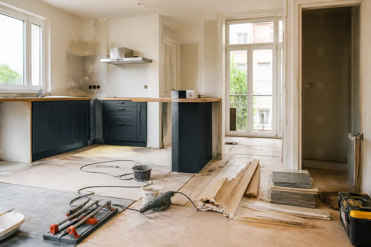 Cuisine moderne en rénovation partielle pour estimation travaux chez travauxmakers.fr avec outils et matériaux.