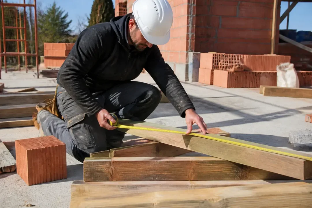 Ouvrier mesurant du bois sur chantier pour estimation de travaux sur travauxninja.fr