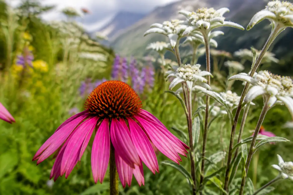 Fleur en gros plan avec montagnes en arrière-plan et edelweiss à côté
