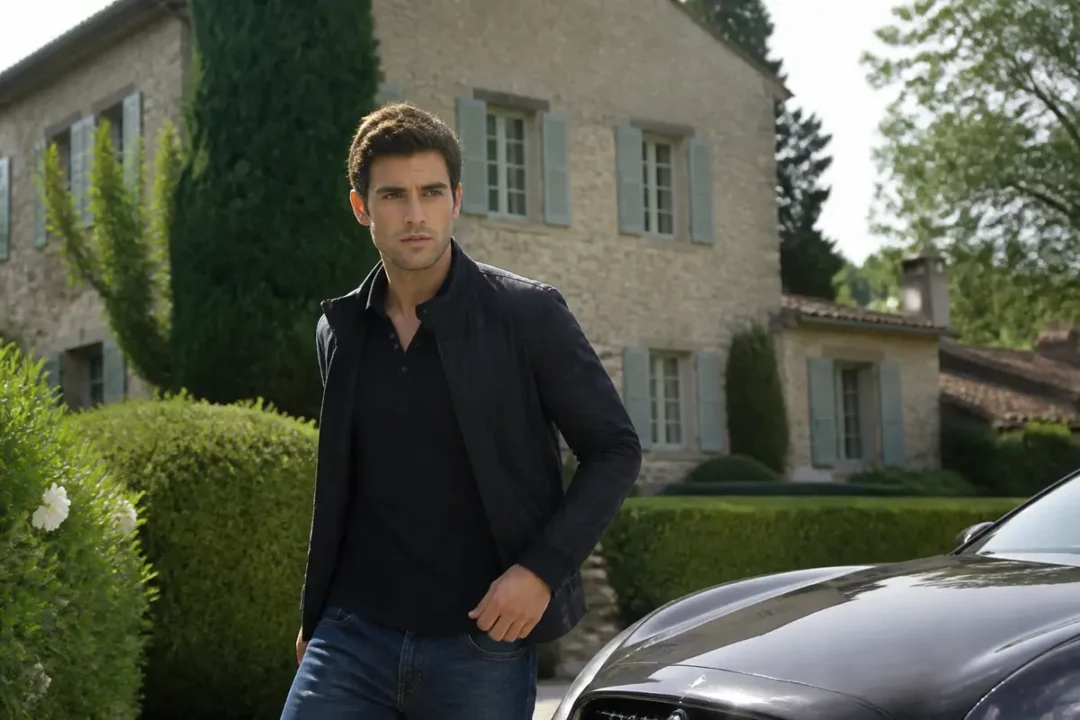 Homme élégant debout devant maison en pierre, symbolisant la fortune de Yoann Gourcuff