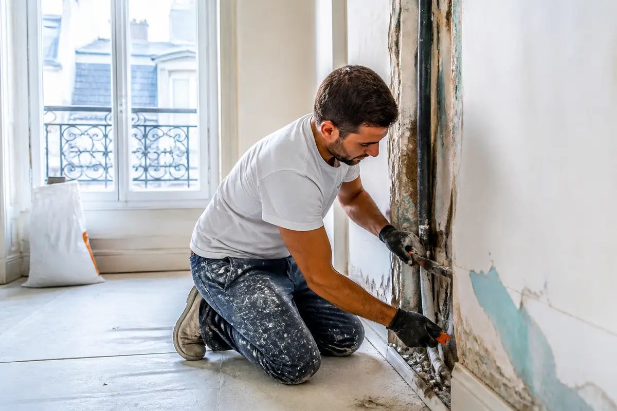 Artisan rénovant mur intérieur à Paris avec ma-gestion-rénovation.fr