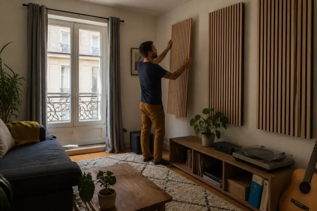 Homme installant panneaux acoustiques pour se venger du bruit d'un appartement du dessus