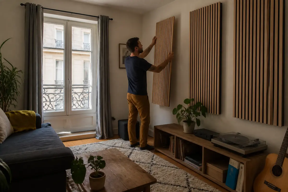 Homme installant panneaux acoustiques pour se venger du bruit d'un appartement du dessus