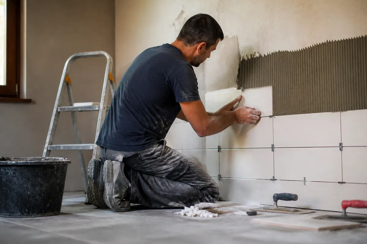 Homme posant du carrelage mural en intérieur, découvrez les tarifs sur travauxmakers.fr