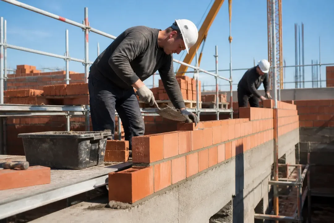 Maçons travaillant sur un mur de briques pour vite-un-chantier.fr spécialisé en maçonnerie