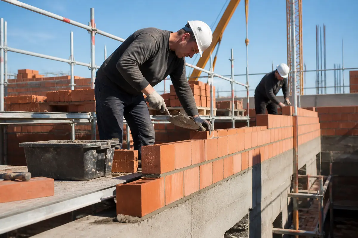 Maçons travaillant sur un mur de briques pour vite-un-chantier.fr spécialisé en maçonnerie