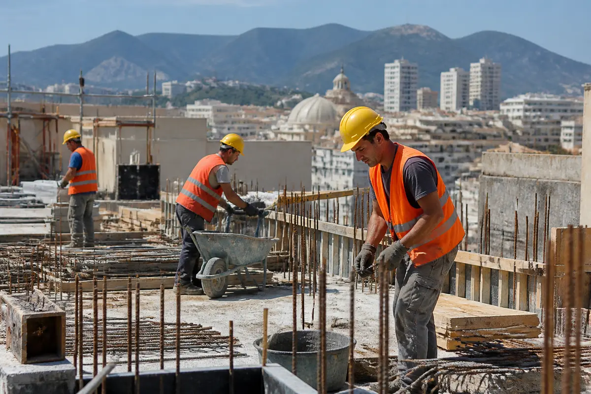 Travailleurs construisant un bâtiment avec vue sur Marseille pour le site vite un chantier